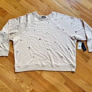 Black Tape Beige Crewneck Sweater with Embroidered Details. Light Floral Pink